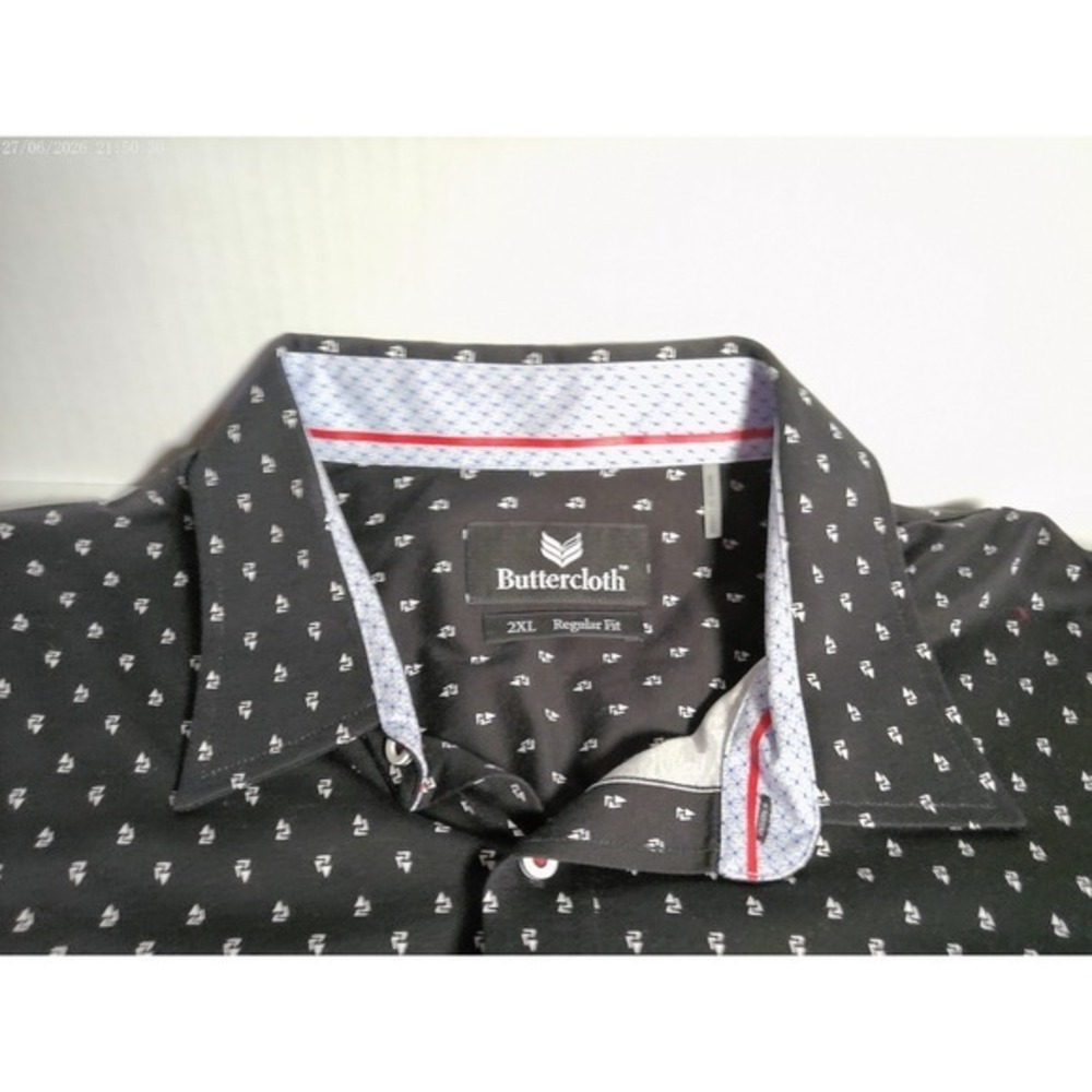 Buttercloth Mens 2XL Regular Fit Long Sleeve Button Shirt Black Print MC0016 - Picture 2 of 7
